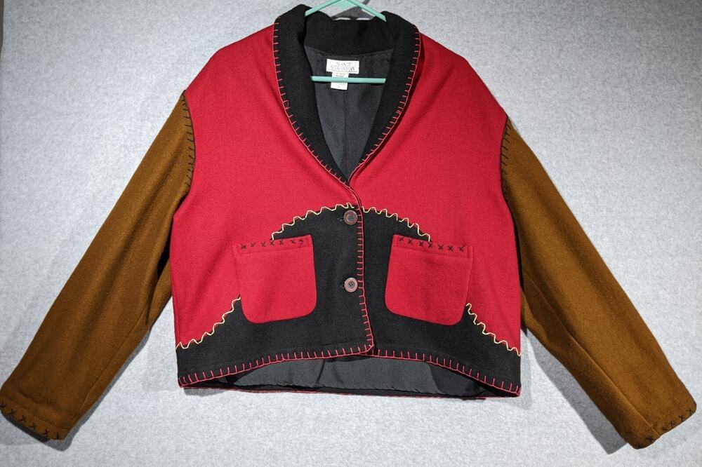 Sandy Starkman Vintage Women’s Large Red Wool Blend Whipstitch Patchwork Jacket